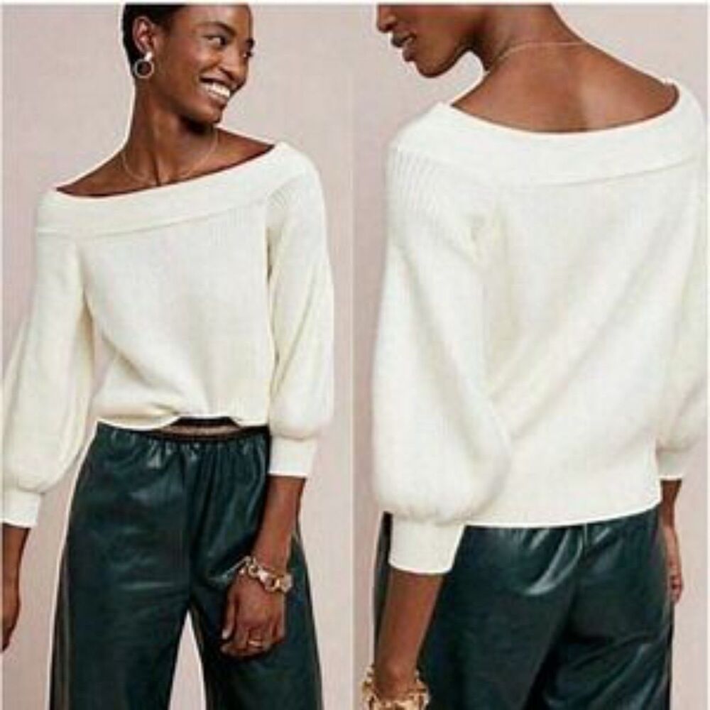 Anthropologie Moth Off the Shoulder Cream Sweater